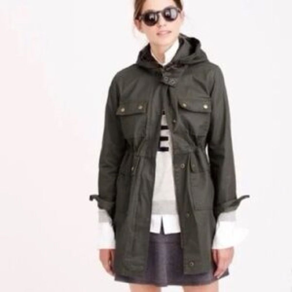 J. Crew Long Field Jacket Army Green Rain Coat, Size XS